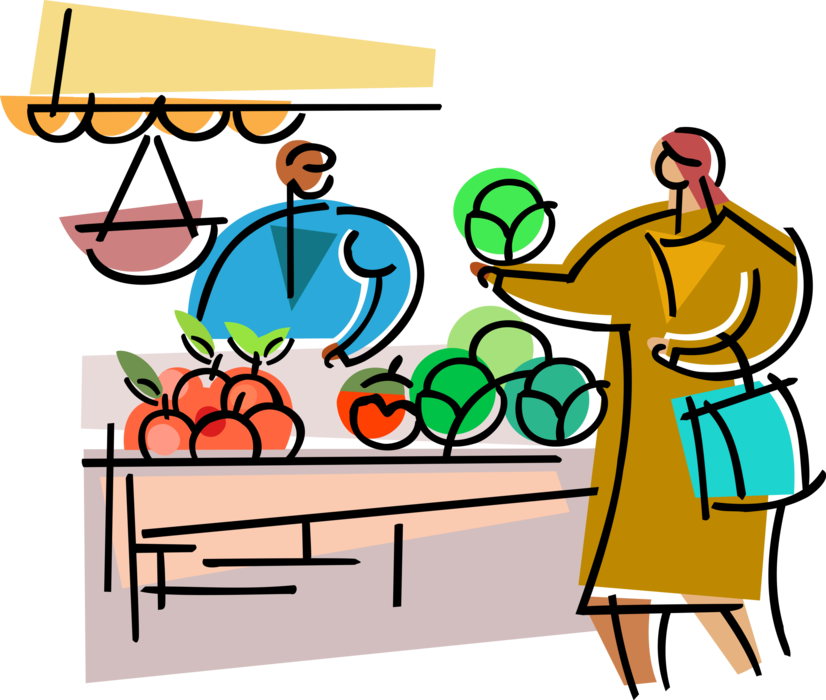 Vector Illustration of Customer Buys Produce Fruits and Vegetables from Outdoor Market Vendor