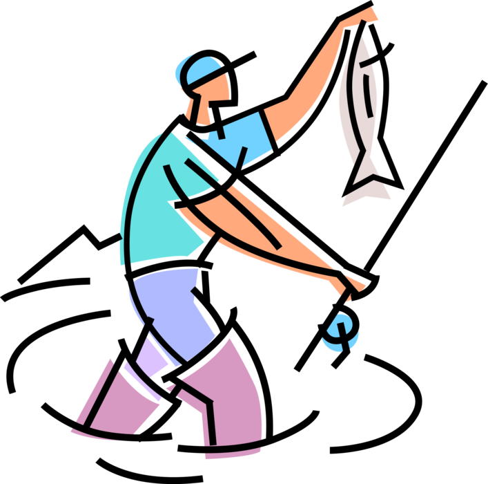 Vector Illustration of Sport Fisherman Angler in Waders Stands in Mountain Stream and Catches Fish with Fishing Rod