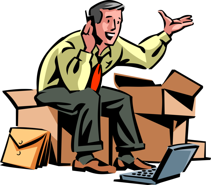 Vector Illustration of Businessman Unpacks Boxes in New Office Makes Sales Pitch on Mobile Cell Phone