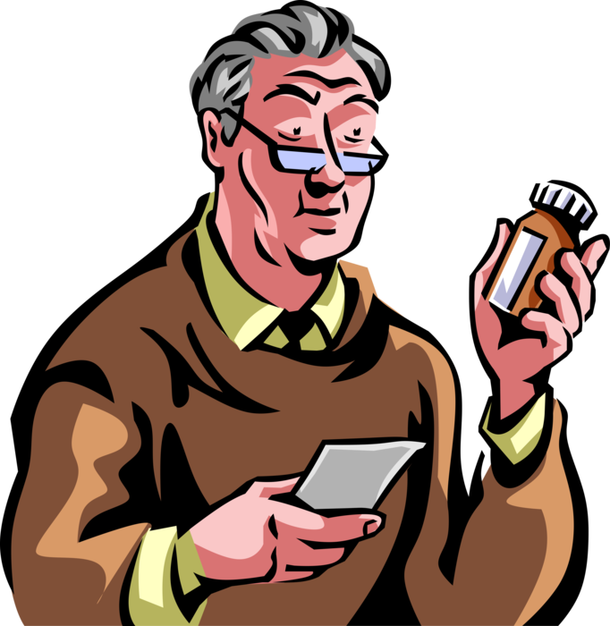 Vector Illustration of Senior Citizen Checks Medicine and Prescription Bill Bottle for Recommended Dosage