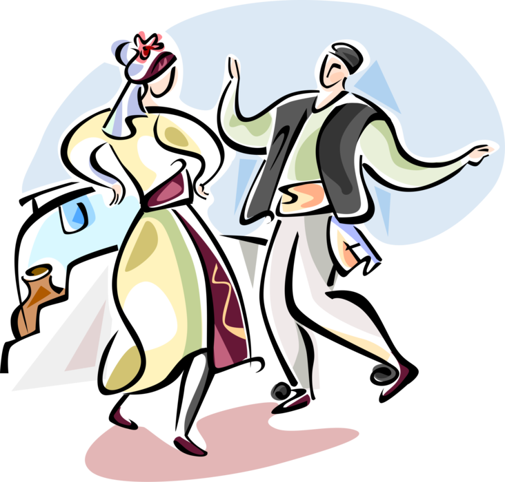 Vector Illustration of Traditional Greek Dancers Dancing Sirtaki Style Dance