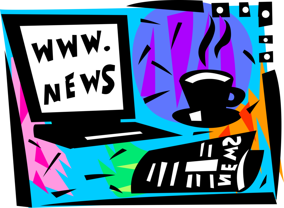 Vector Illustration of Traditional Newspaper Publication for Delivering News with Online Internet News Delivery, Coffee Cup