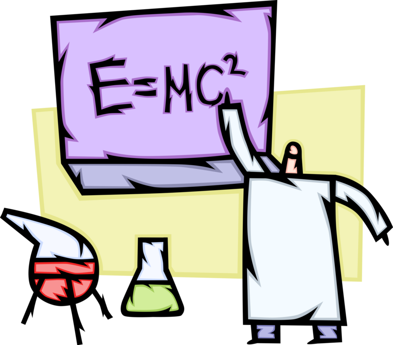 Vector Illustration of School Physics Teacher in Classroom Teaches Einstein's E=mc2 Formula on Blackboard