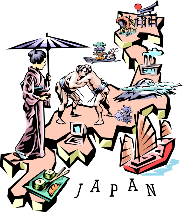 Vector Illustration of Nippon-koku State of Japan Vignette Map with Tourism Infographic Icons