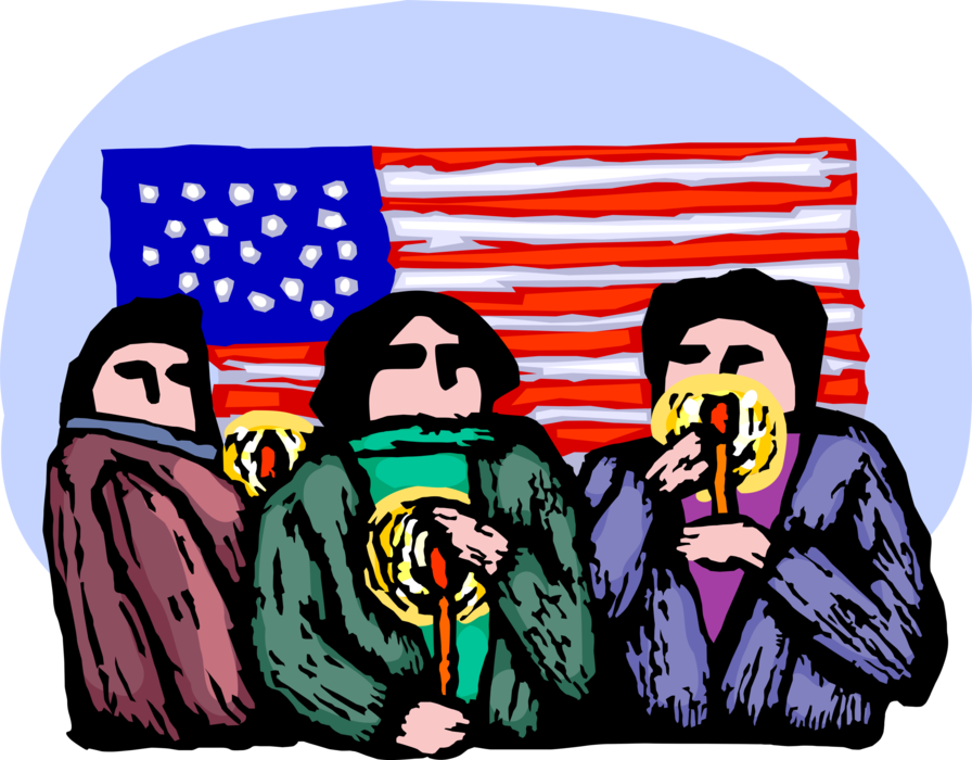 Vector Illustration of Candlelight Vigil Supporters Light Candles in Support of Victims of Terrorism or Disaster with Flag