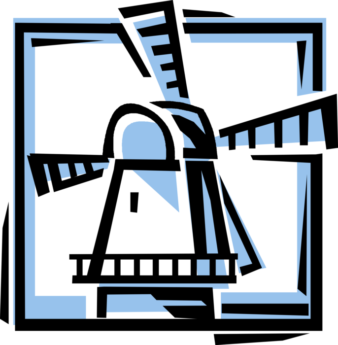 Vector Illustration of Dutch Windmill in The Netherlands, Holland used to Mill Grain, Pump Water