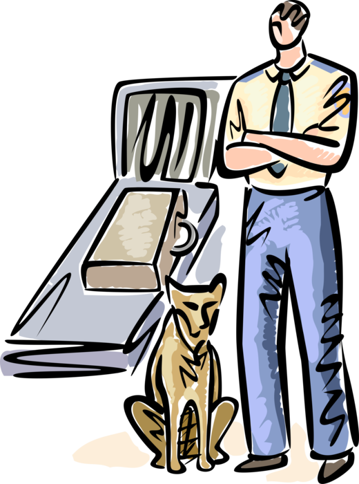Vector Illustration of Airport Security Checks Passenger Baggage Luggage for Restricted and Prohibited Items with Sniffer Dog