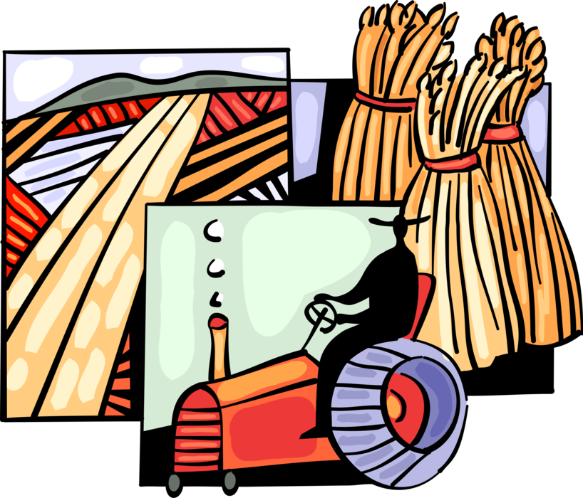 Vector Illustration of Farmer on Farm Equipment Tractor with Harvest Bundles of Wheat Cereal Grains