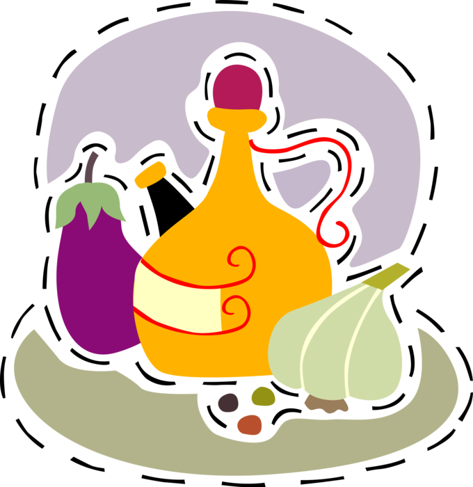 Vector Illustration of Salad Dressing Olive Oil with Garlic, and Egg Plant