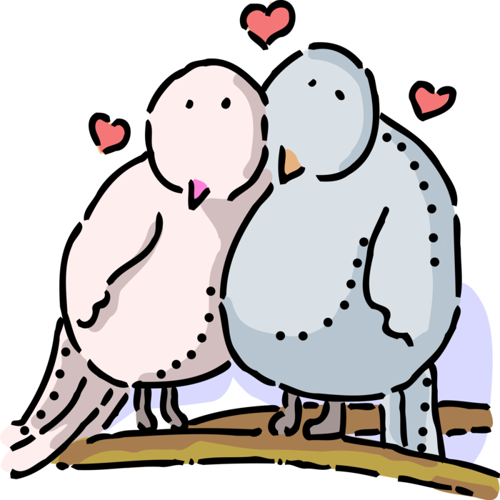 Vector Illustration of Romantic Love Birds Cuddle with Love Hearts