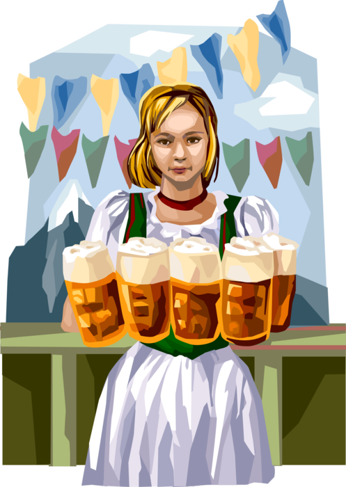 Vector Illustration of Oktoberfest Volksfest Beer Festival Barmaid Waitress Serves Beer, Germany 