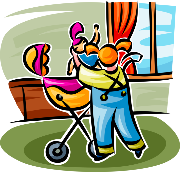 Vector Illustration of Child Plays with Doll and Baby Carriage