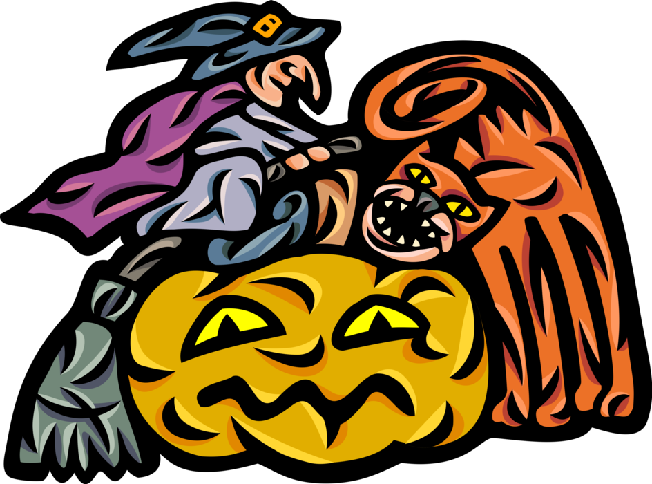 Vector Illustration of Halloween Sorceress Witch on Broomstick with Scary Cat and Halloween Jack-o'-Lantern Carved Pumpkin