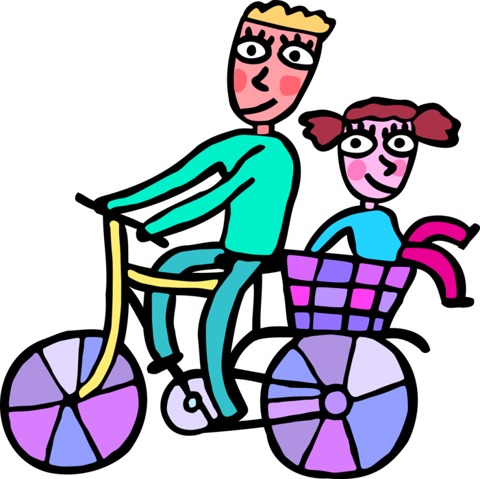 Vector Illustration of Father and Young Daughter Take Bicycle Bike Ride