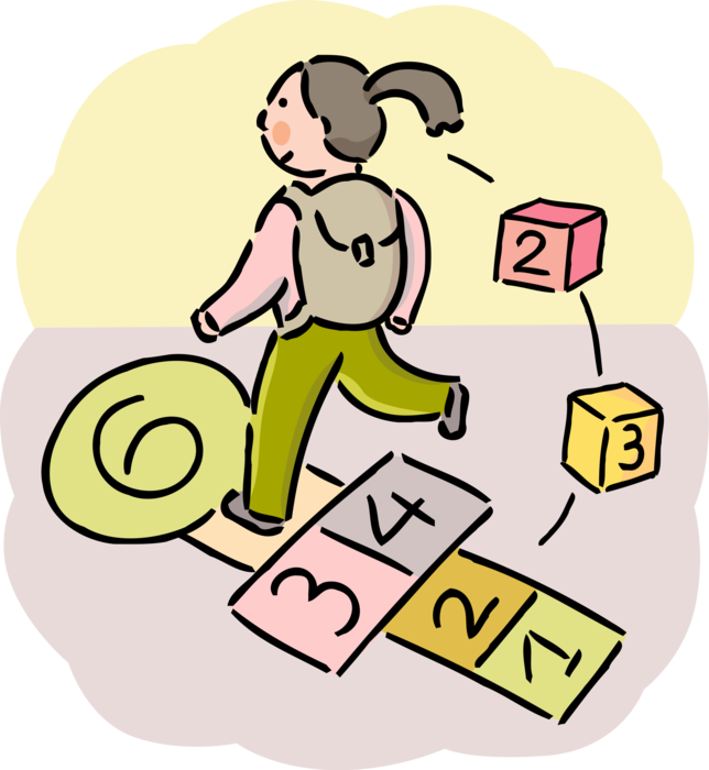 Vector Illustration of Primary or Elementary School Student Girl Playing Hopscotch at Recess