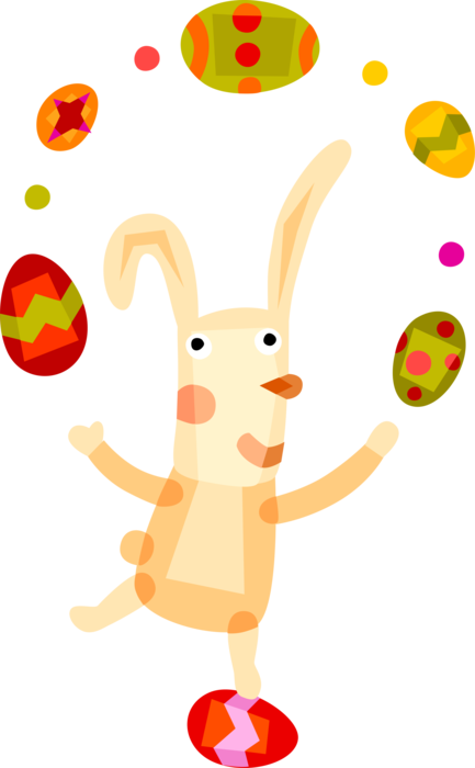 Vector Illustration of Pascha Easter Bunny Rabbit Juggles Decorated Easter Eggs