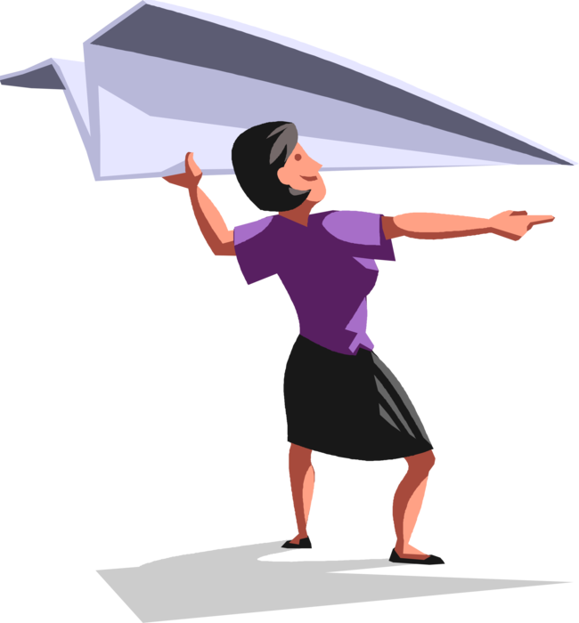Vector Illustration of Businesswoman Flies Toy Paper Airplane