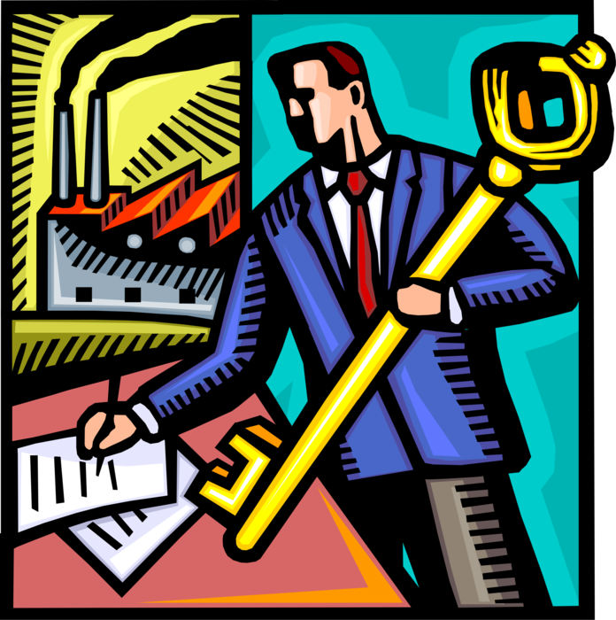 Vector Illustration of Businessman Industrialist Holds Key to Achieving Manufacturing Factory Production Goals