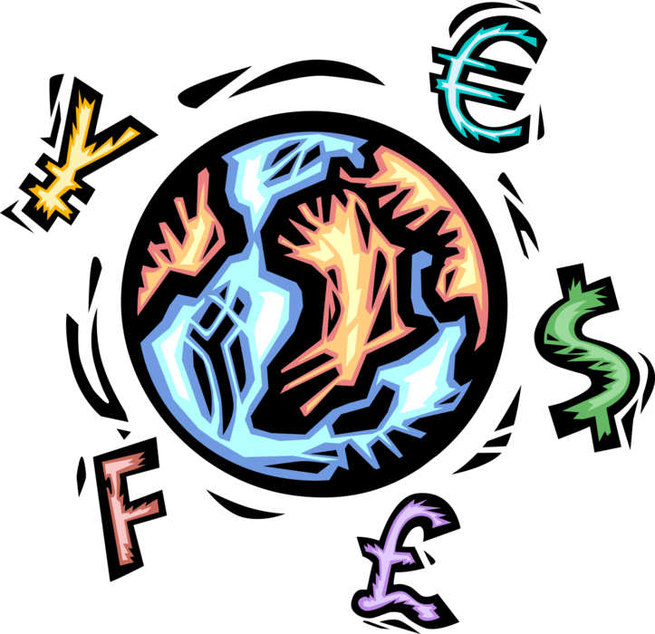 Vector Illustration of Global International Finances Japanese Yen, French Francs, Pounds Sterling, Dollars and Euros