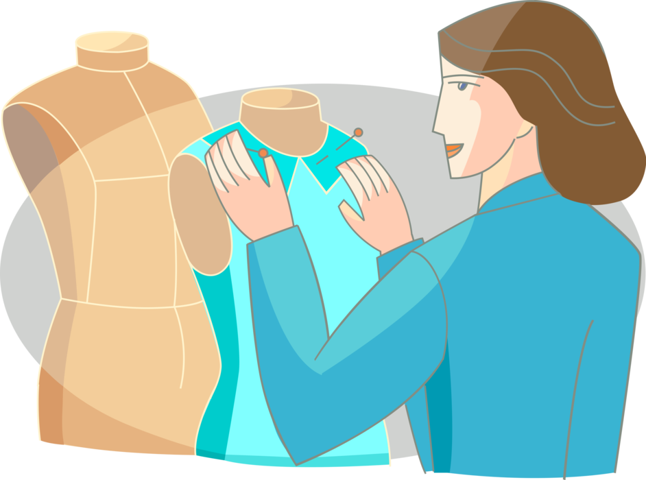 Vector Illustration of Fashion Industry Dressmaker Seamstress Designer Designs Clothing Garment on Dress Frame
