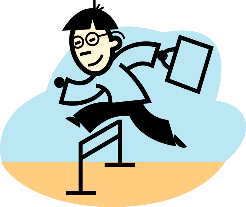 Vector Illustration of Track and Field Athletic Sport Contest Businessman Jumping Hurdles at Track Meet