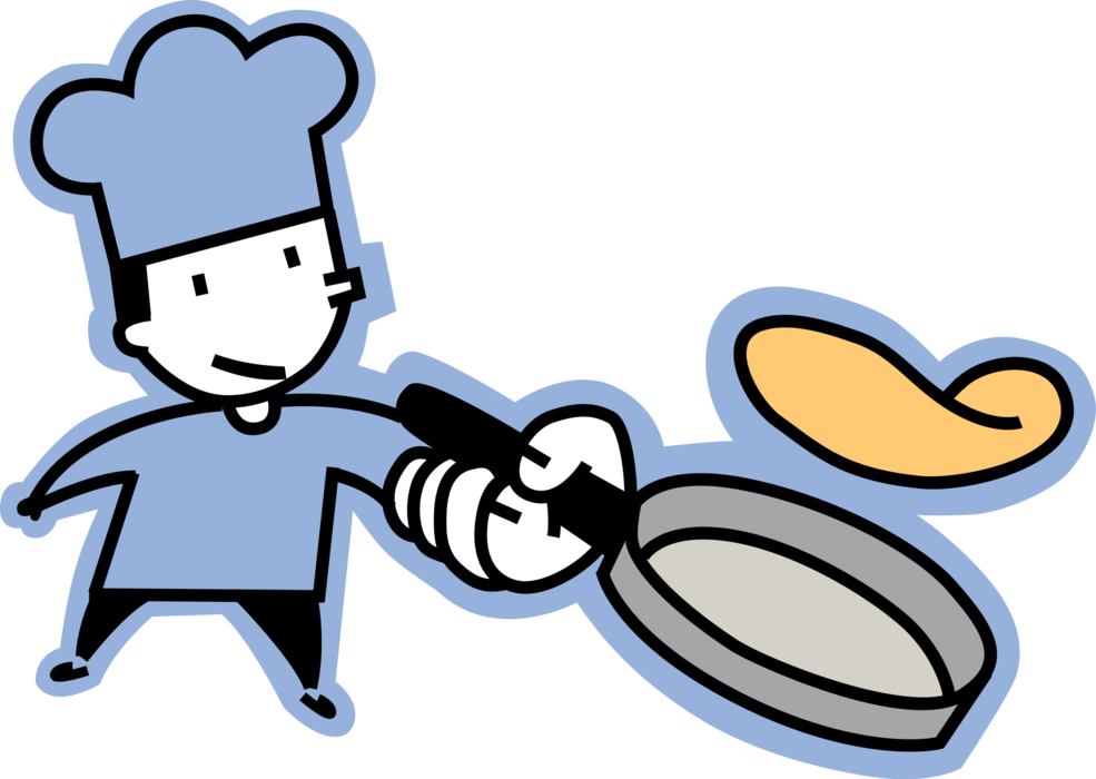 Vector Illustration of Restaurant Culinary Chef Flips Thin Wheat Flour Pancake Crêpe or Crepe in Frying Pan
