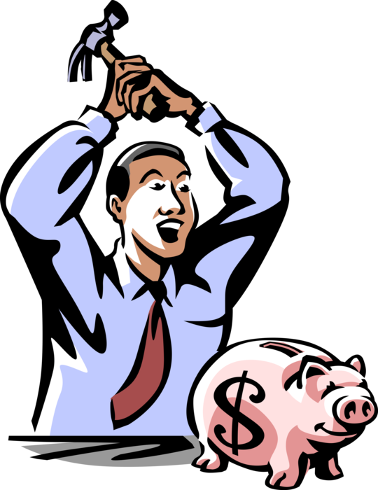 Vector Illustration of Businessman Smashes Piggy Bank with Hammer