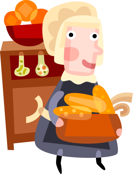 Vector Illustration of Pioneer Pilgrim Woman Serves Corn on the Cob to Thanksgiving Dinner Guests