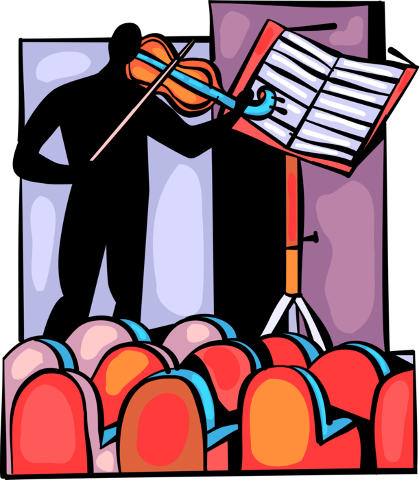 Vector Illustration of Violinist Musician Plays Violin Stringed Musical Instrument in Auditorium Theatre or Theater