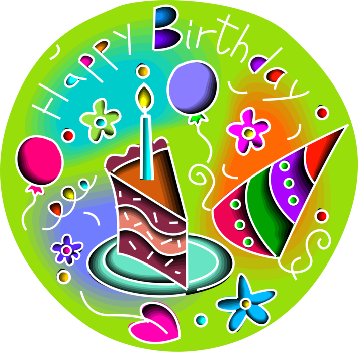 Vector Illustration of Happy Birthday Greeting Card with Party Hats and Slice of Birthday Cake