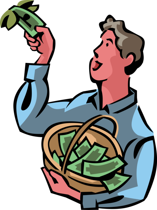 Vector Illustration of Businessman Refutes Idiom Money Doesn't Grow on Trees by Harvests Cash Dollars From Tree