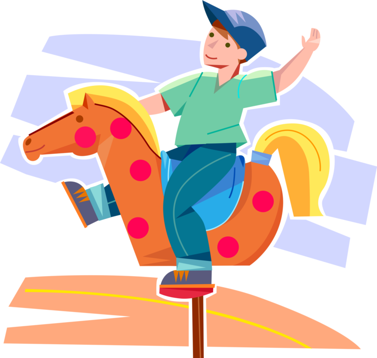Vector Illustration of Primary or Elementary School Student Boy Rides Carousel Horse on Merry-Go-Round Amusement Ride 