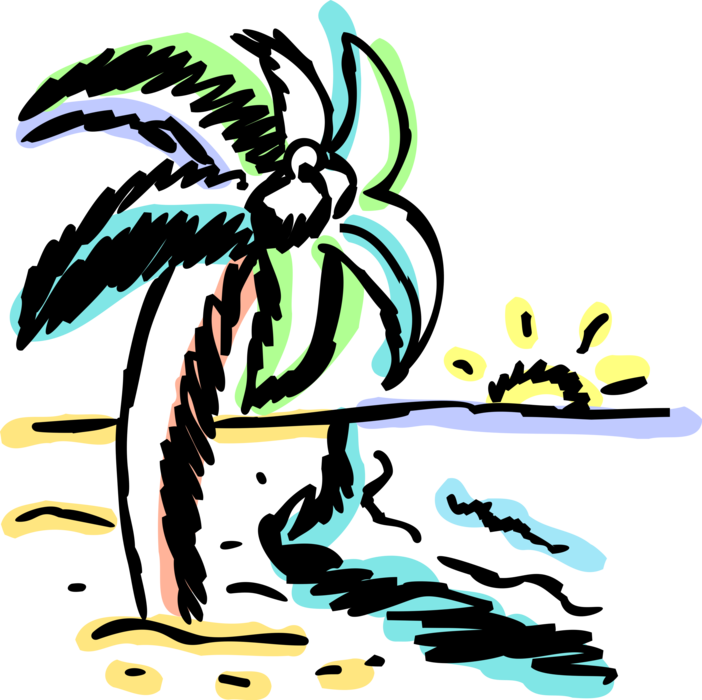 Vector Illustration of Tropical Island Getaway Seashore Beach with Palm Tree and Setting Sun on Horizon