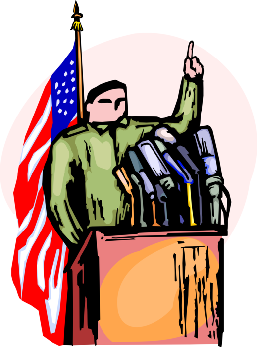 Vector Illustration of United States Military Officer Answers Questions from Podium with American Flag
