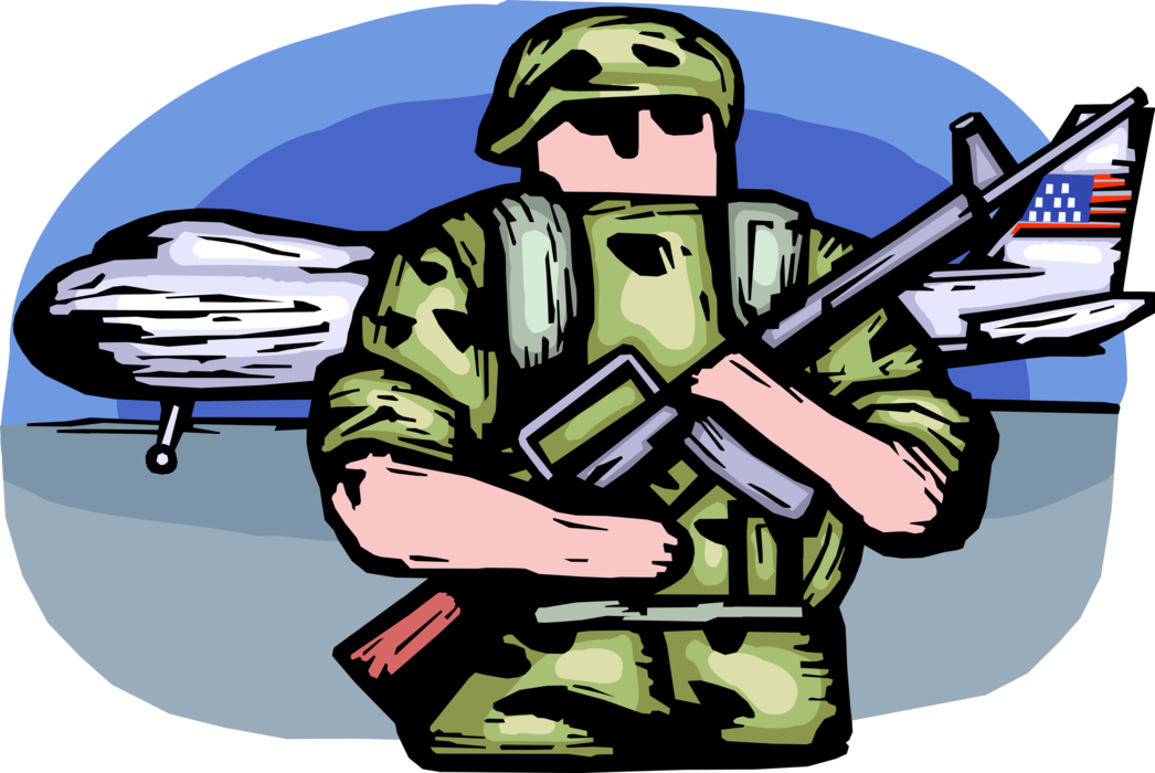 Vector Illustration of Heavily Armed United States Military Soldier Guards Military Airplane in Combat Zone