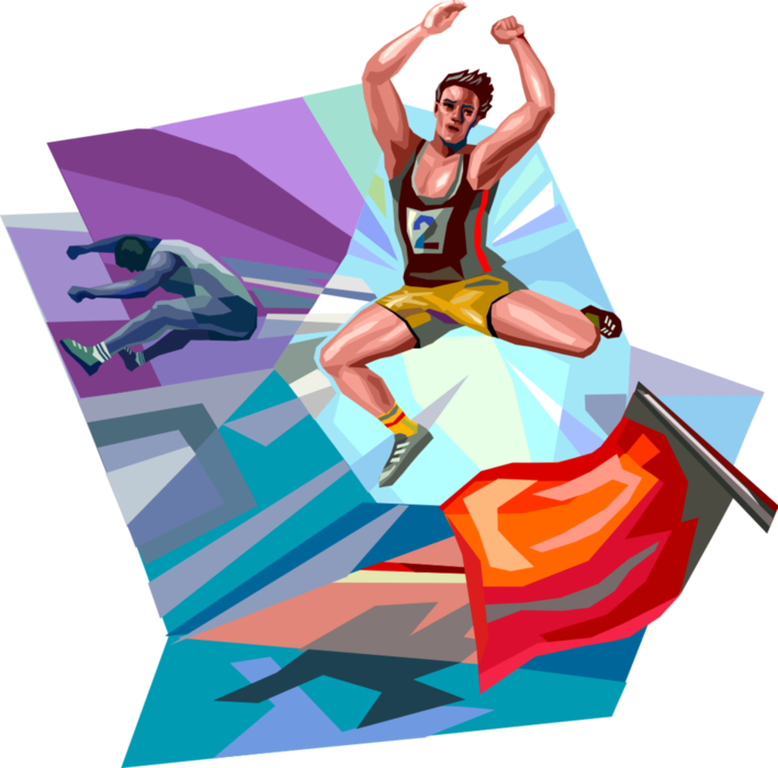 Vector Illustration of Track and Field Athletic Sport Contest Long Jump or Broad Jump Jumper Jumping in Track Meet Competition