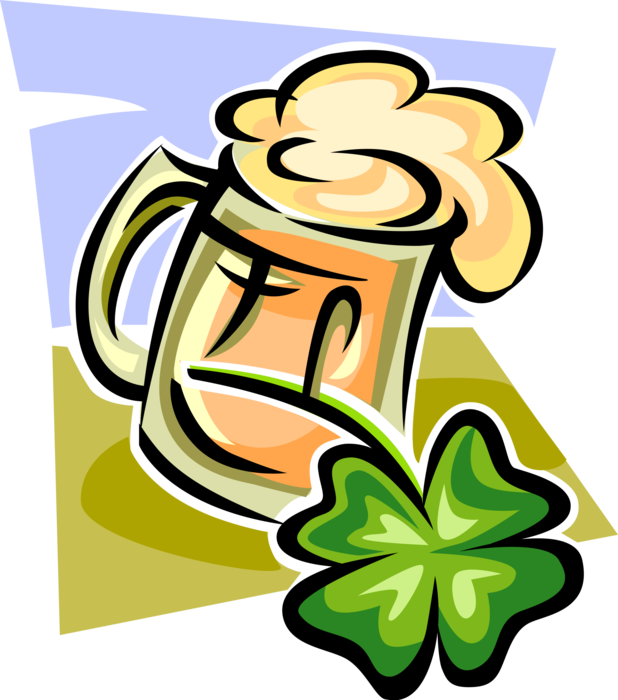 Vector Illustration of St Patrick's Day Celebrations with Beer Mug and Lucky Four-Leaf Clover Irish Shamrock