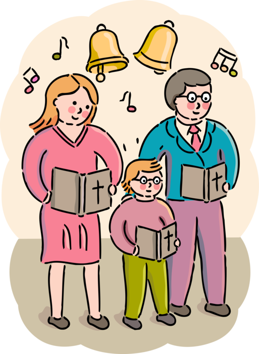 Vector Illustration of Family Parishioners Worship Singing Hymn Songs in Church Religious Service