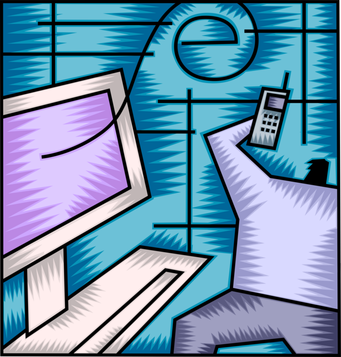 Vector Illustration of Accessing Online Internet Information on Personal Computer and Handheld Mobile Phone Telephone