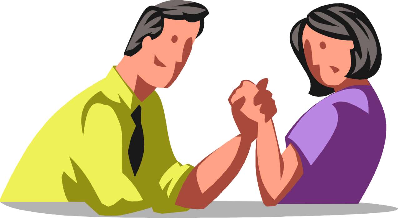 Vector Illustration of Businessman and Businesswoman Competitors Locked in Arm Wrestling Match 