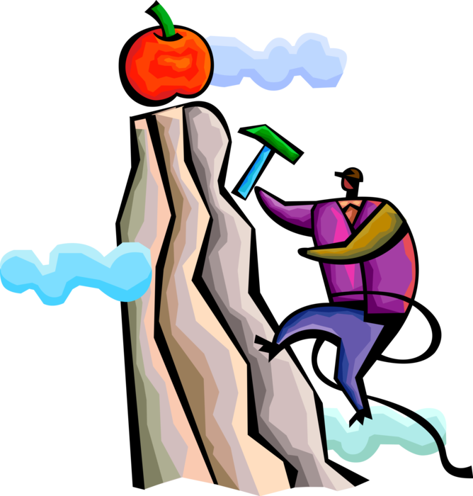 Vector Illustration of Mountain Climbing Mountaineer Scales Vertical Cliff in Pursuit of Higher Learning and Knowledge Apple