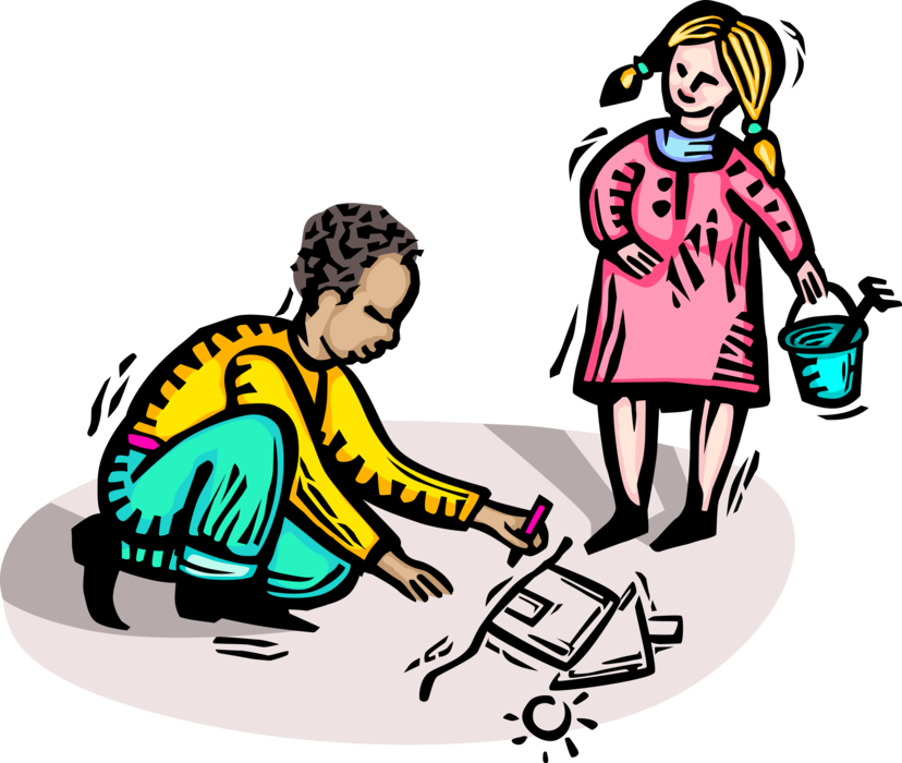 Vector Illustration of Children Play in Playground Drawing Pictures on Ground