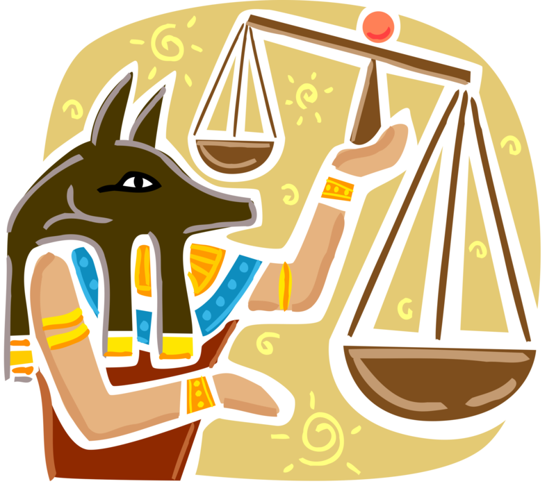 Vector Illustration of Ancient Egypt Anubis Canid Golden Jackal Egyptian God Attends Weighing of the Heart Scale