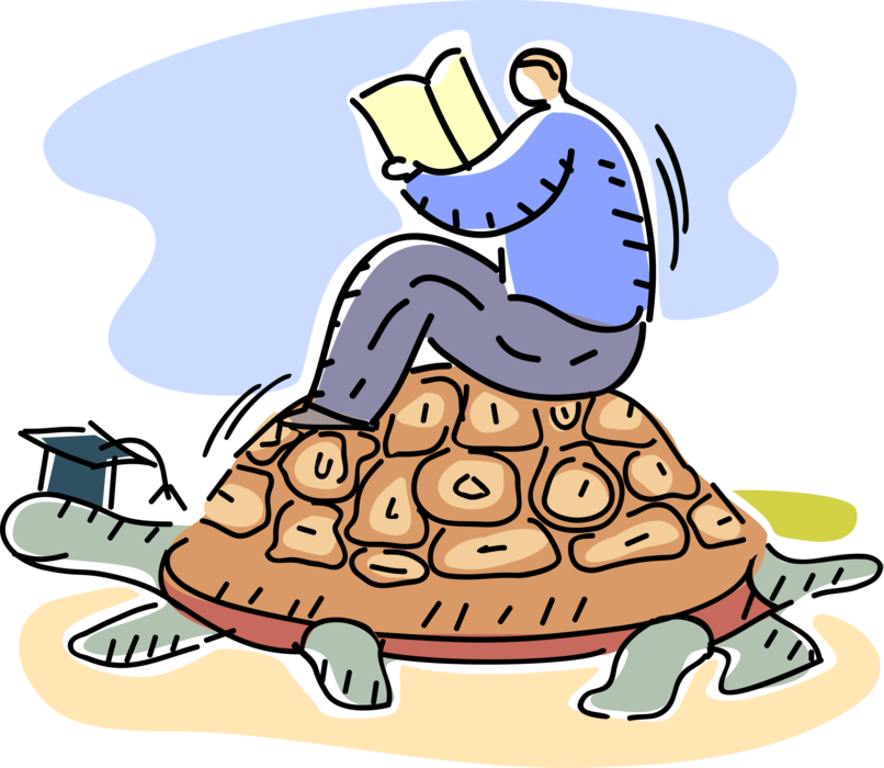Vector Illustration of Slow and Stable Determined Businessman Maintains Steady Course Riding Tortoise Turtle