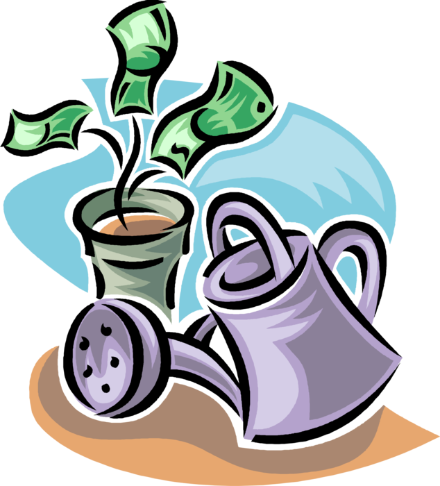 Vector Illustration of Financial Growth Money Tree with Cash Dollar Bills and Garden Watering Can