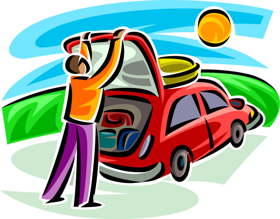Vector Illustration of Loading Automobile Motor Vehicle Car for Family Vacation with Luggage Suitcases