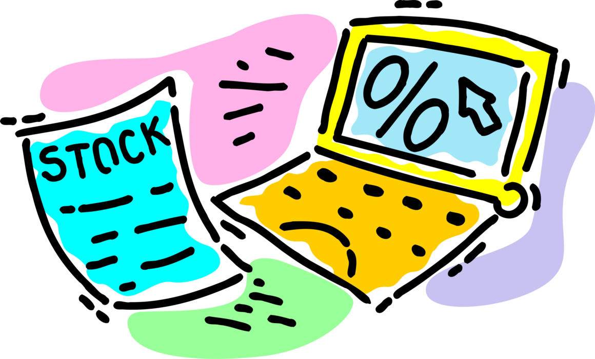 Vector Illustration of Wall Street Stock Certificate and Notebook Computer with Stock Exchange Margin Percentage