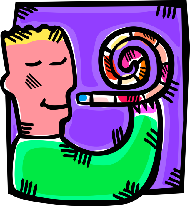 Vector Illustration of Birthday Boy Blows Noisemaker Party Whistle