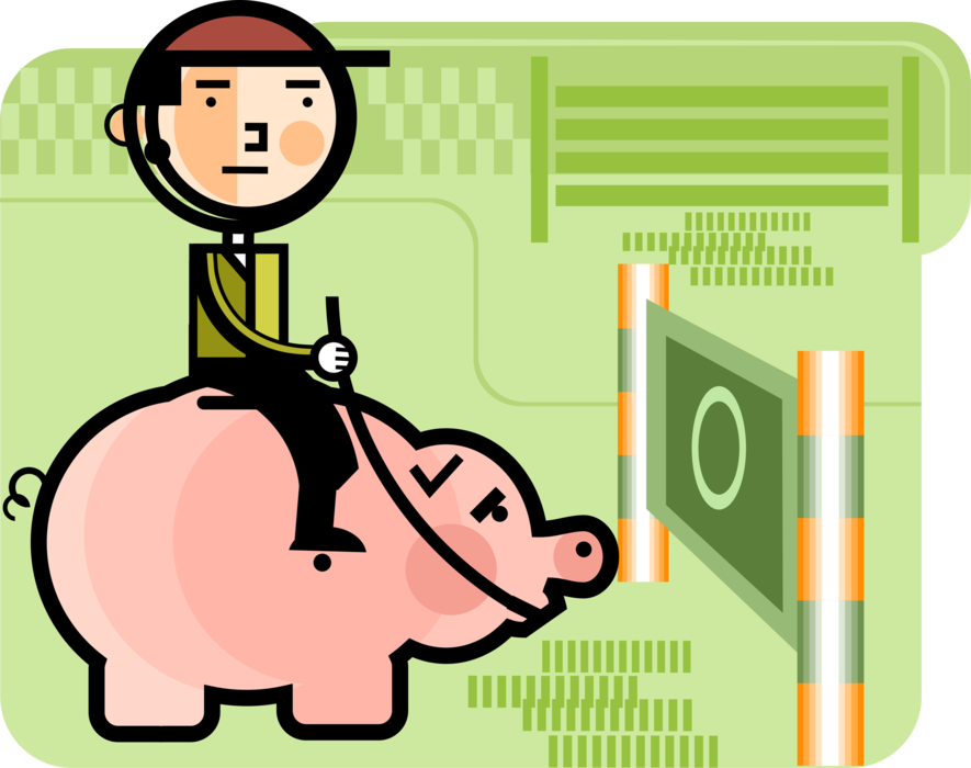 Vector Illustration of Businessman Equestrian Pig Jumping Competitor Rides Savings Piggy Bank Faces Financial Barrier Fence