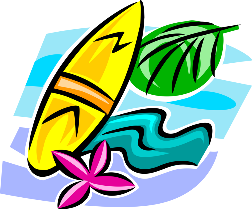 Vector Illustration of Surfer's Surfboard with Palm Frond, Ocean Surf and Flower